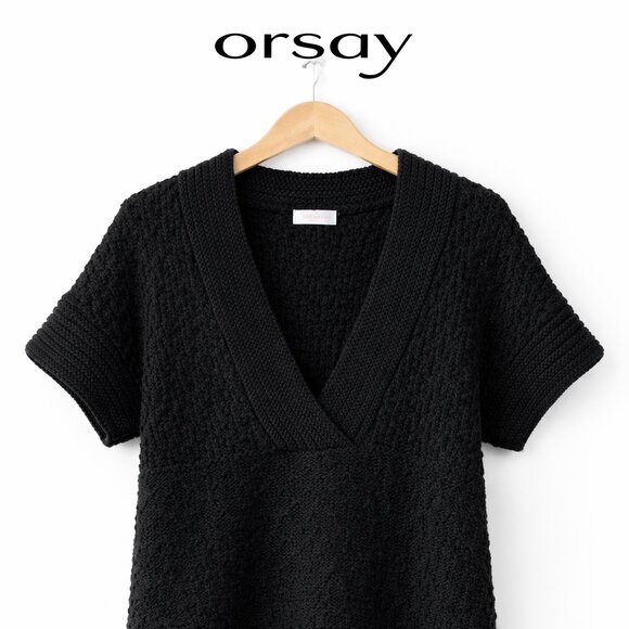 Orsay Sweaters - Orsay Black Knit Sweater Top Large V-Neck Short Sleeve Textured Soft Cozy